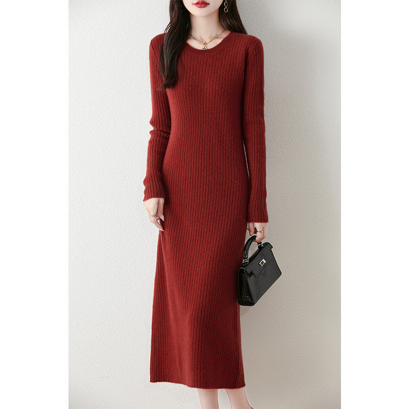 Women's Solid Wool Knitted Maxi Dress Round Neck Slim Fit Long Sleeve