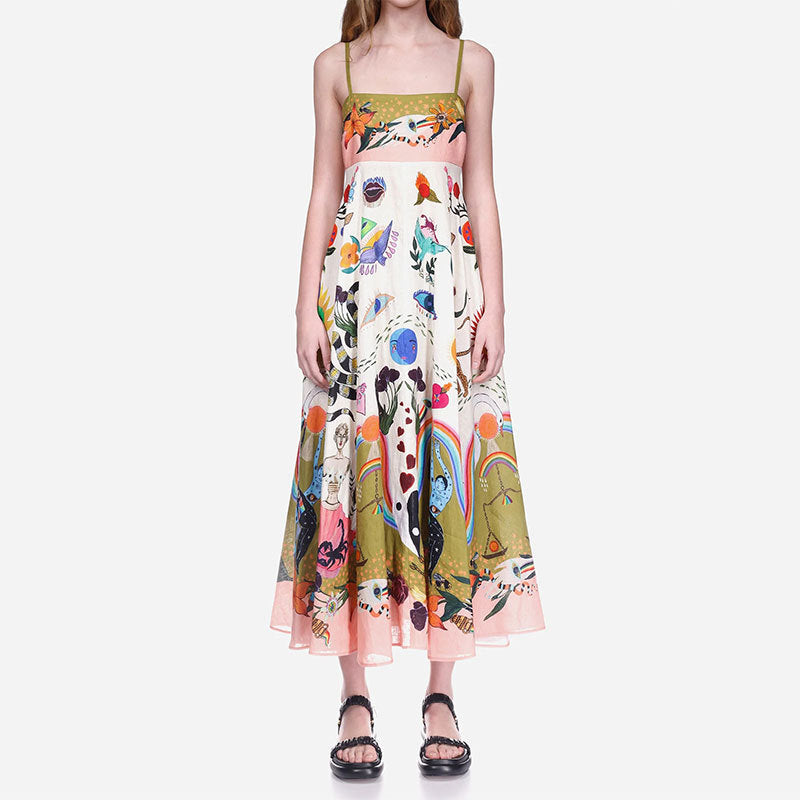 2026 Summer New Style Cross-Border European and American Resort-Style Dress, Elegant Long Printed Strap Dress