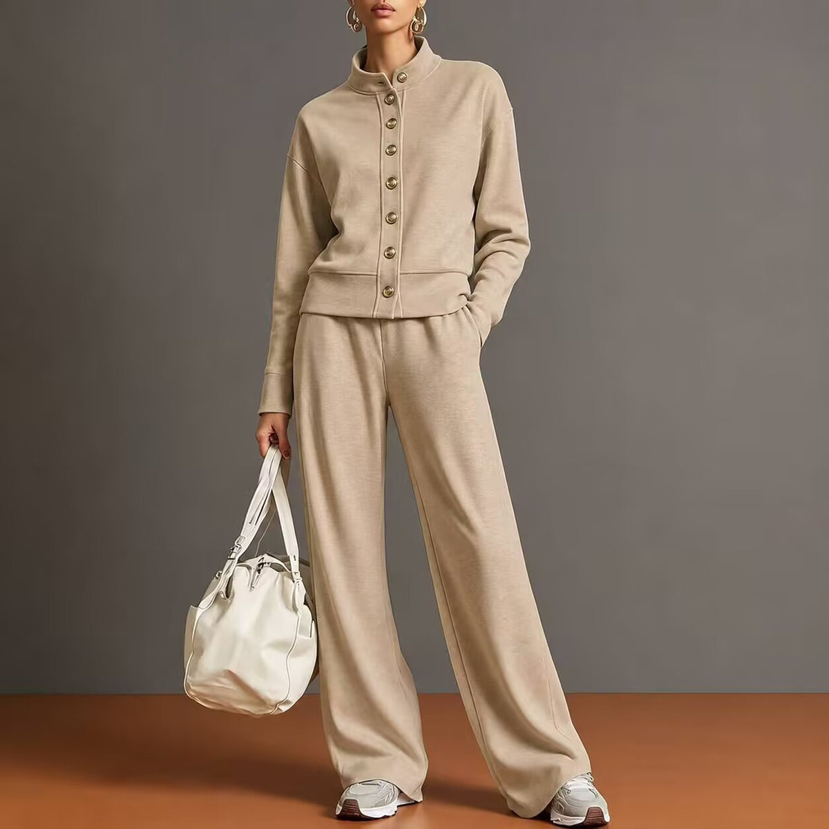 Women's Solid Color Stand Collar Sweatshirt and Wide Leg Pants Casual Two Piece Set