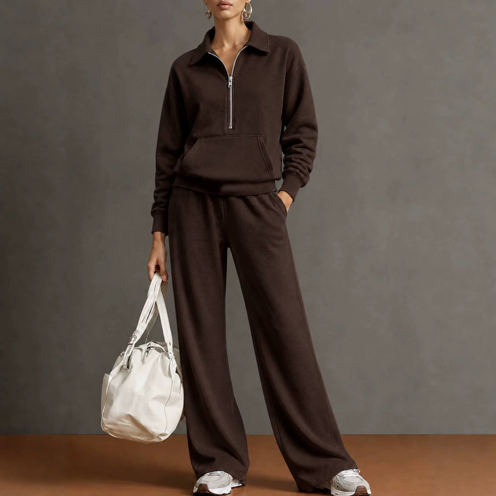 Women Two-Piece Half-Zip Sweatshirt and Wide-Leg Pants Set