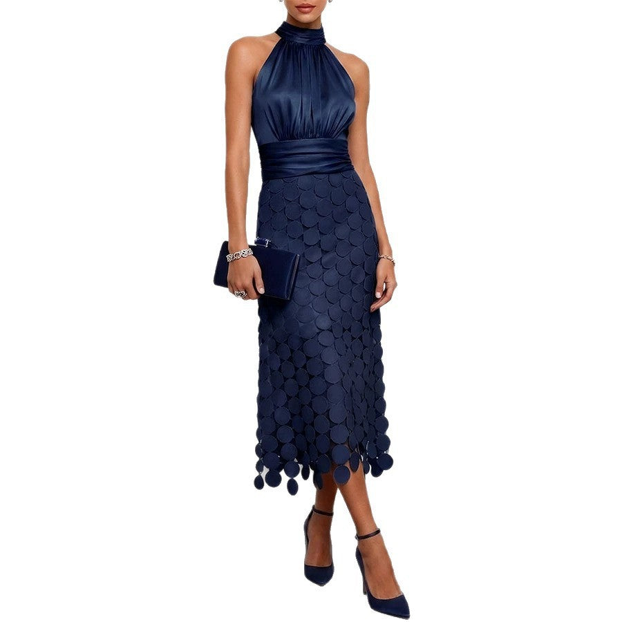 Women's Sleeveless High-Waisted Patchwork Polyester Mid-Length Dress