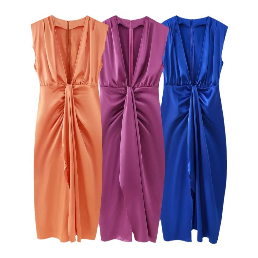Satin V-neck Pleated Sleeveless Dress