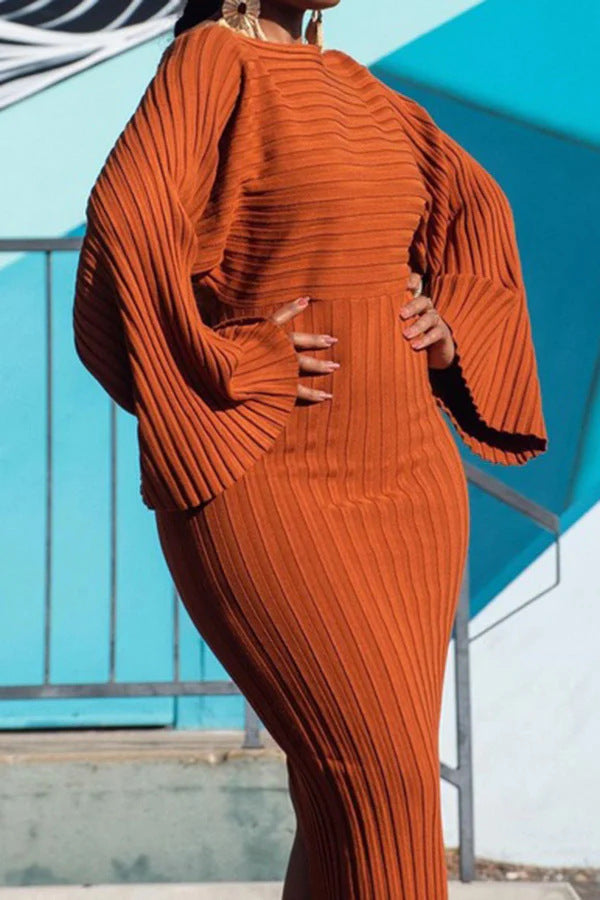 Women's Ribbed Knit Long Sleeve Bell Sleeve Bodycon Dress