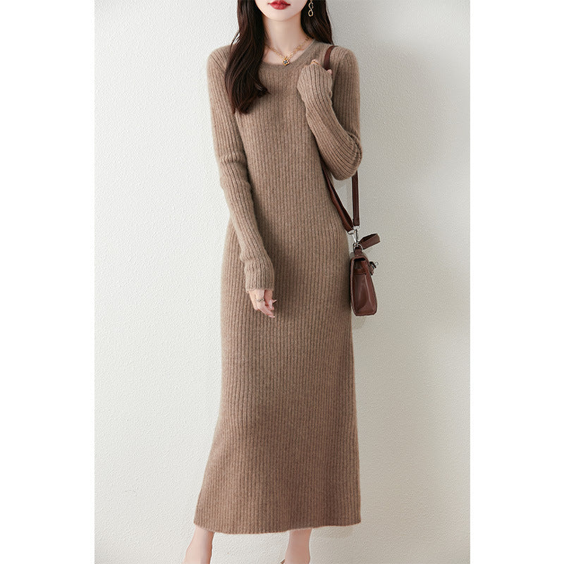 Women's Solid Wool Knitted Maxi Dress Round Neck Slim Fit Long Sleeve