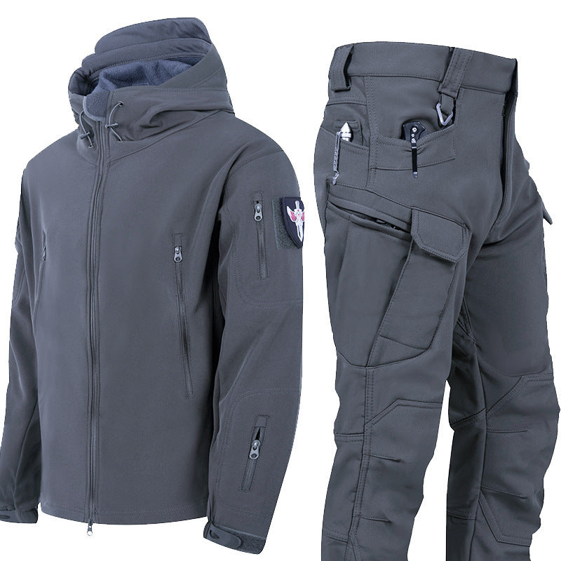 Men's Waterproof Tactical Jacket Set with Fleece Lining Sharkskin Outdoor Hunting Clothing