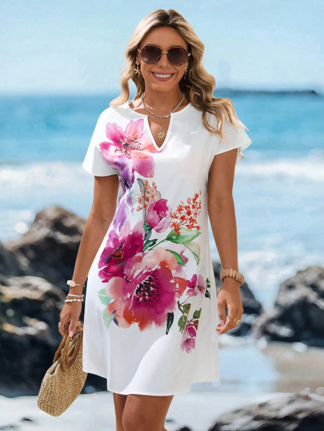 V-Neck Starfish Print Short Sleeve Dress