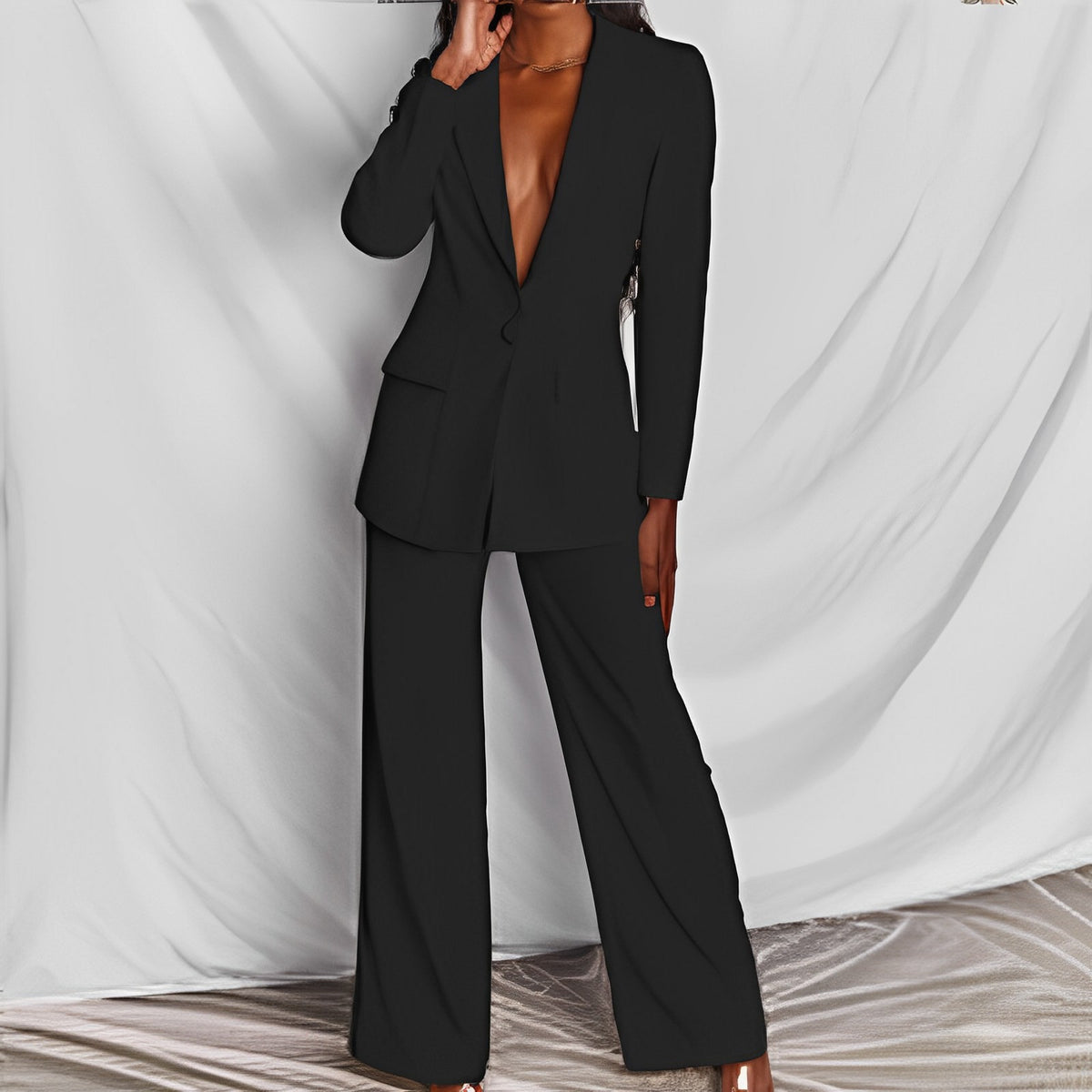 Womens Long Sleeve Blazer Straight Leg Pants Suit Autumn Elegant Trousers Set