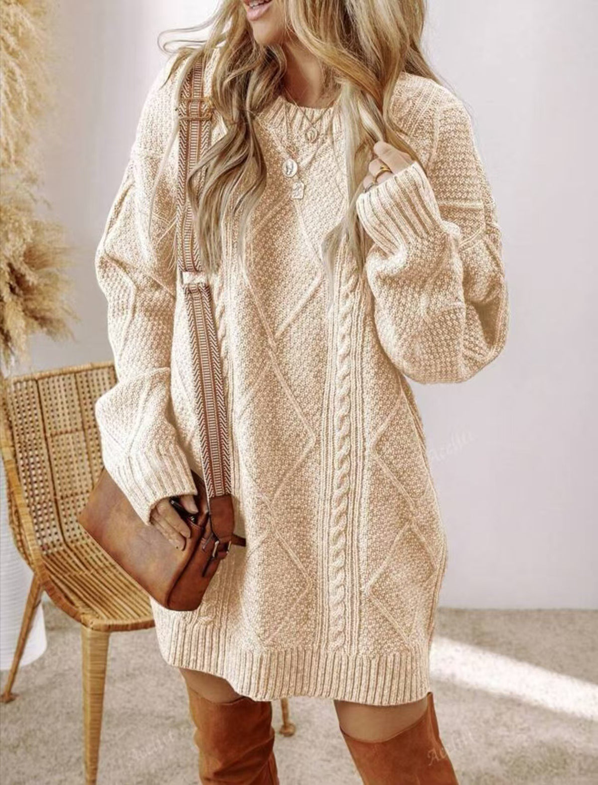 Women's Cable Knit Knee-Length Sweater Dress
