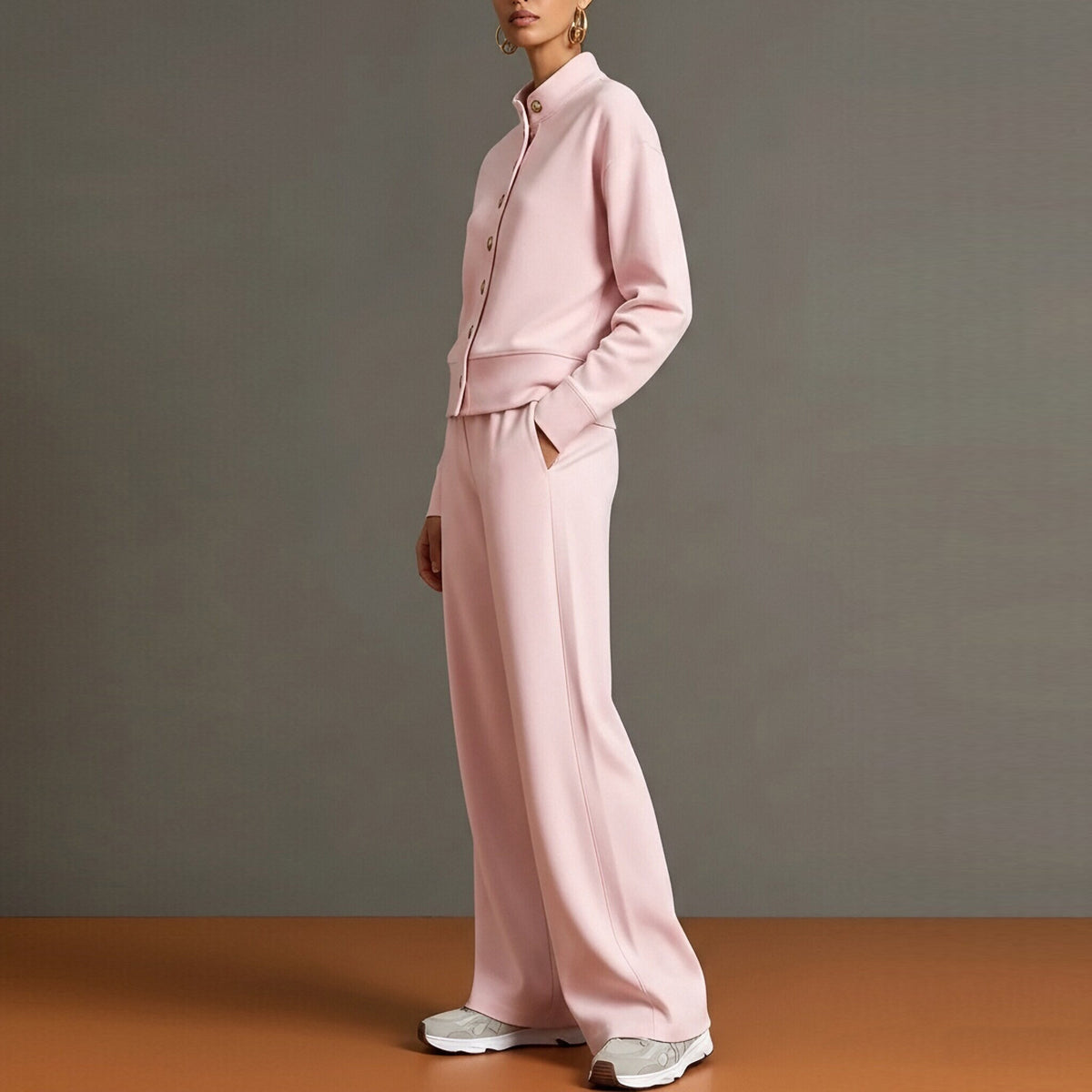 Women's Solid Color Stand Collar Sweatshirt and Wide Leg Pants Casual Two Piece Set