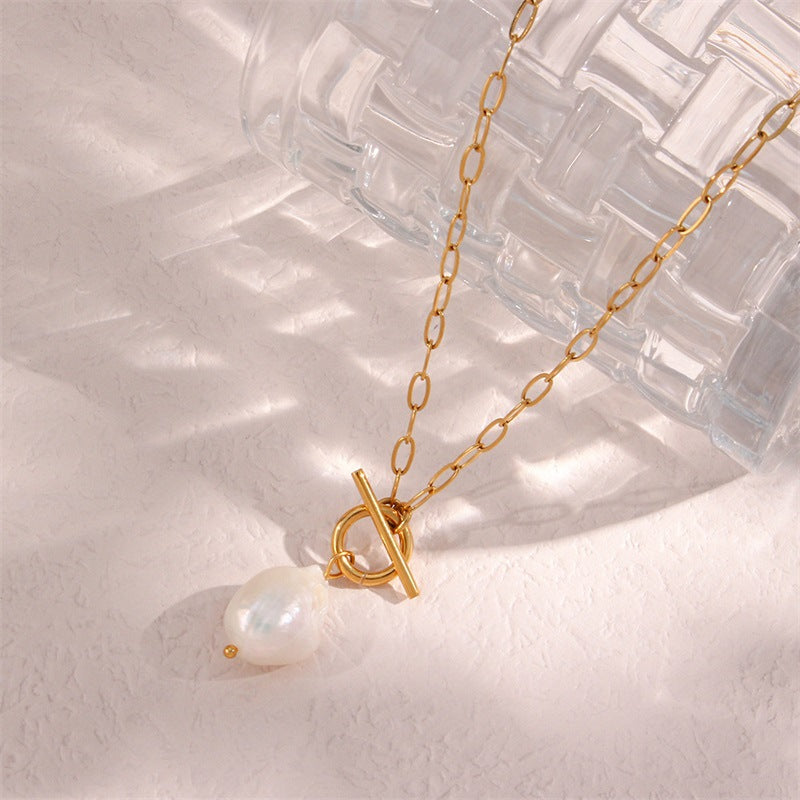 Baroque Freshwater Pearl Stainless Steel Necklace Square Chain Jewelry