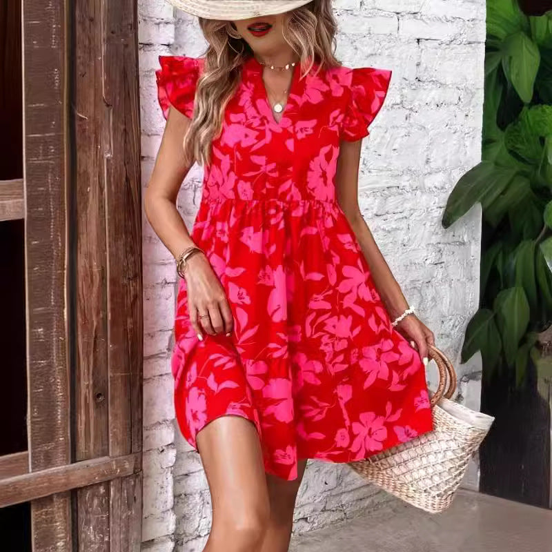 Flounce Sleeve V Neck Printed Midi Dress