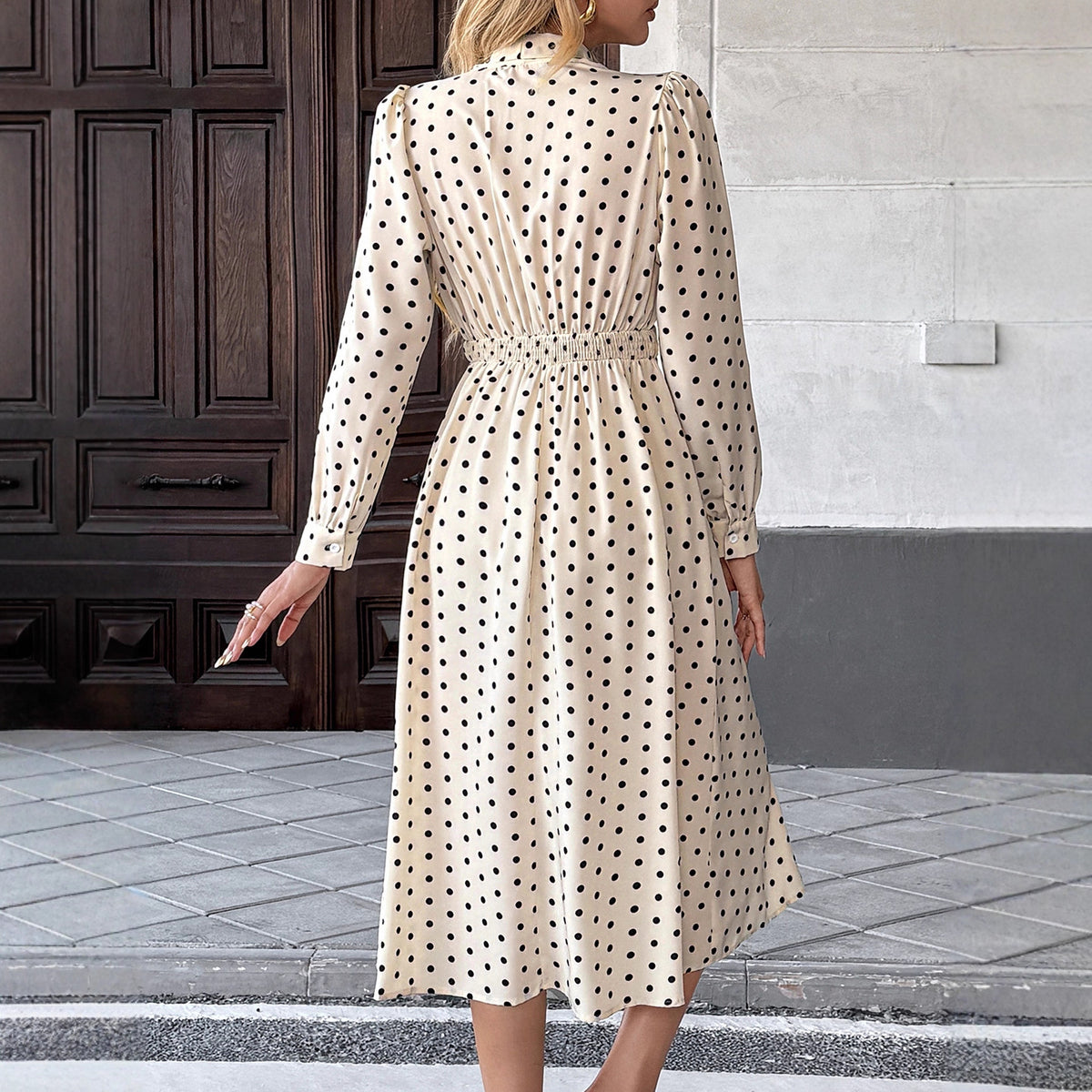 Retro Bow Collar Polka Dot Mid-Length Dress