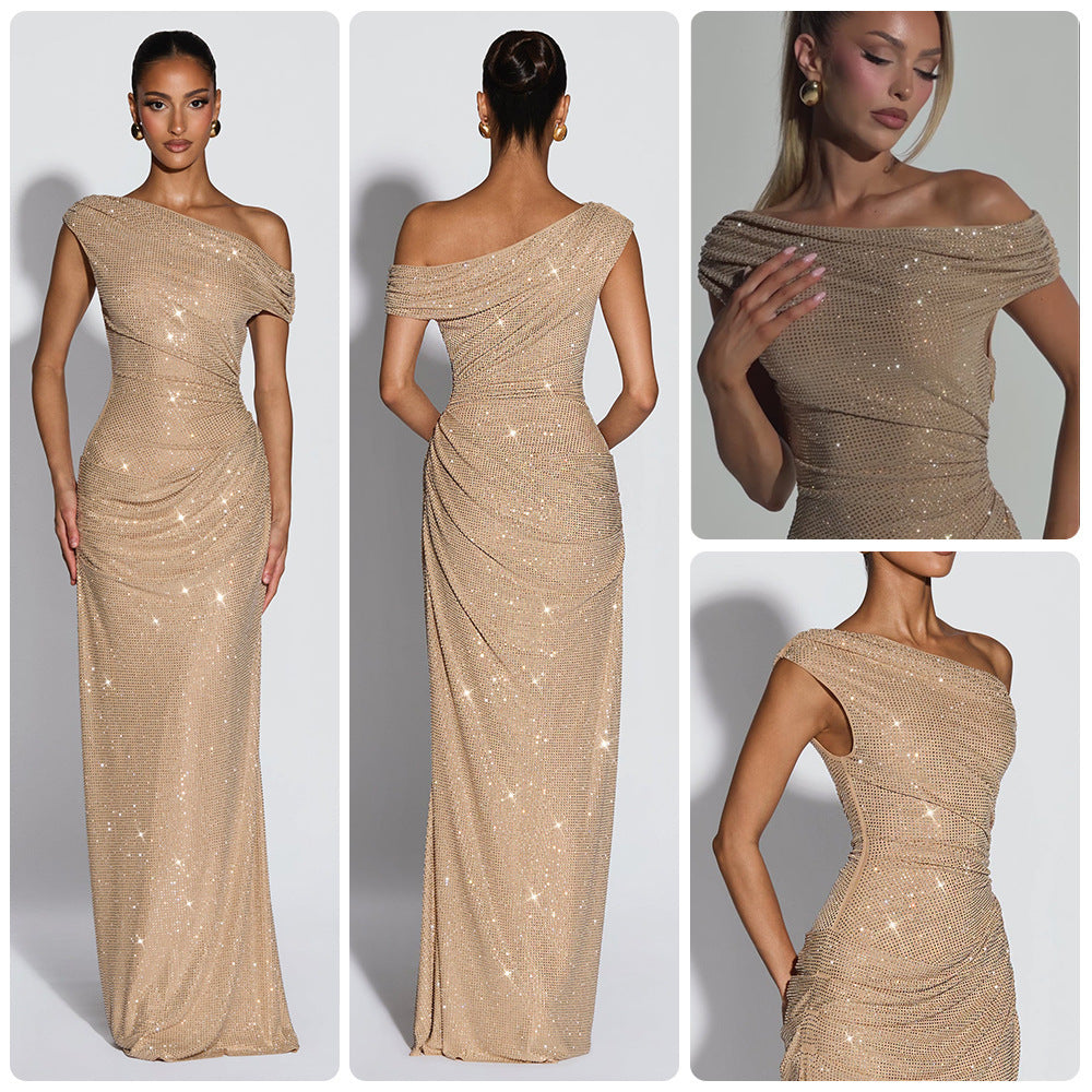 full-diamond one-shoulder dress