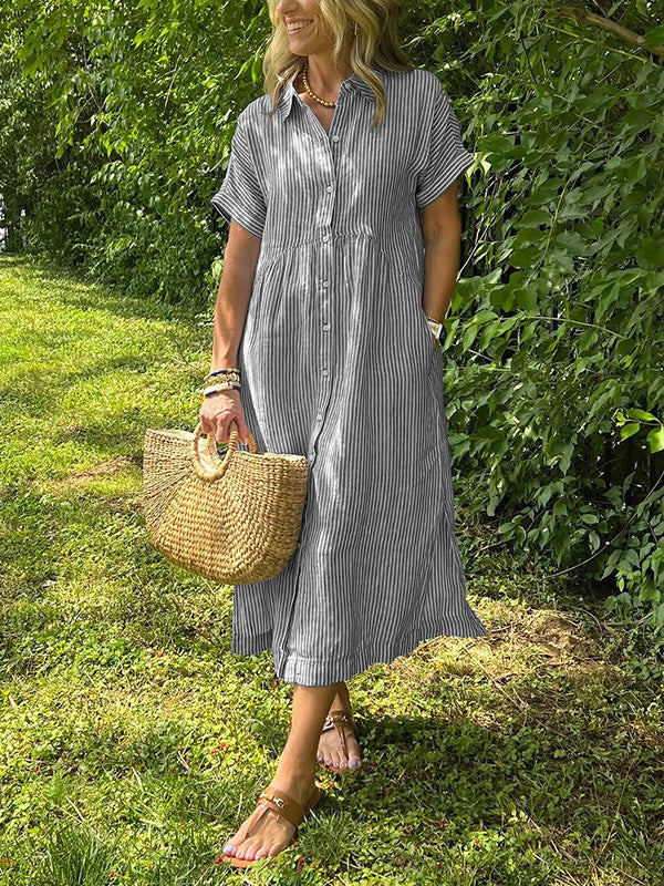 Womens Striped Short Sleeve Shirt Dress Casual Cotton Linen Midi Dress