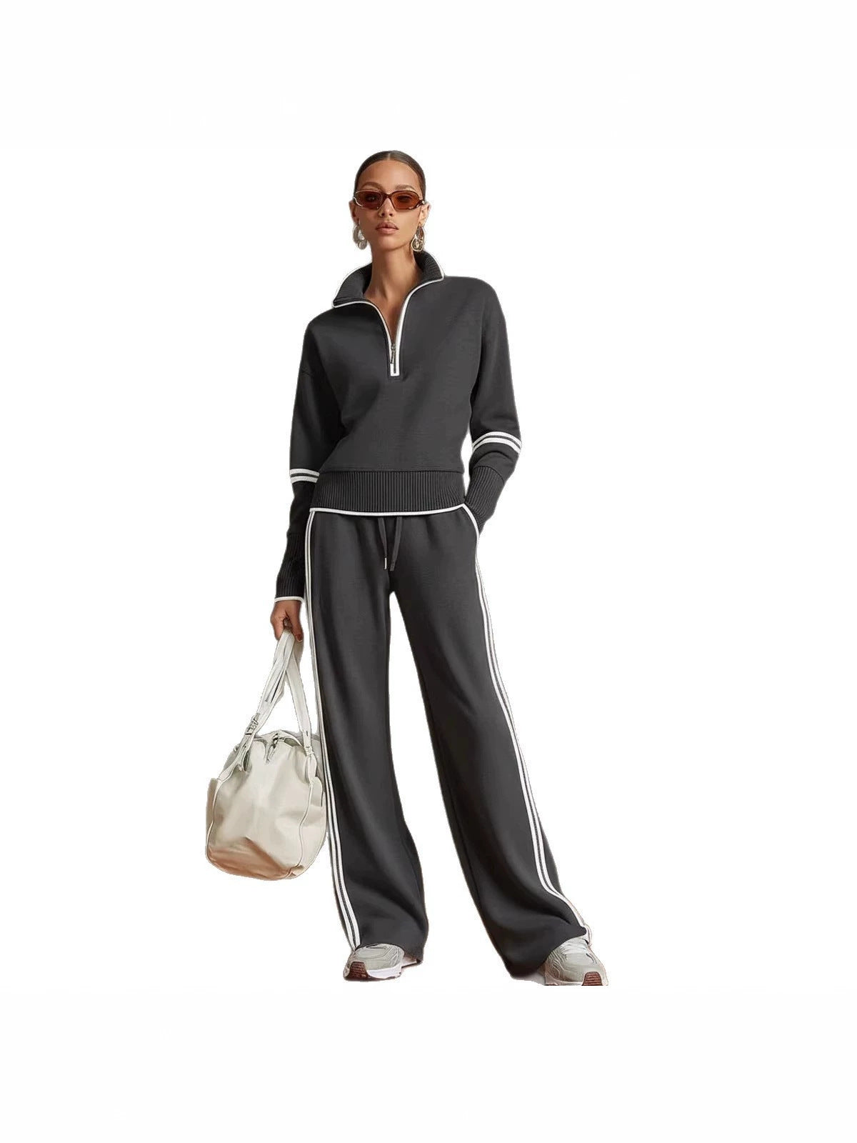 Women's Half Zip Knit Set with Wide Leg Pants