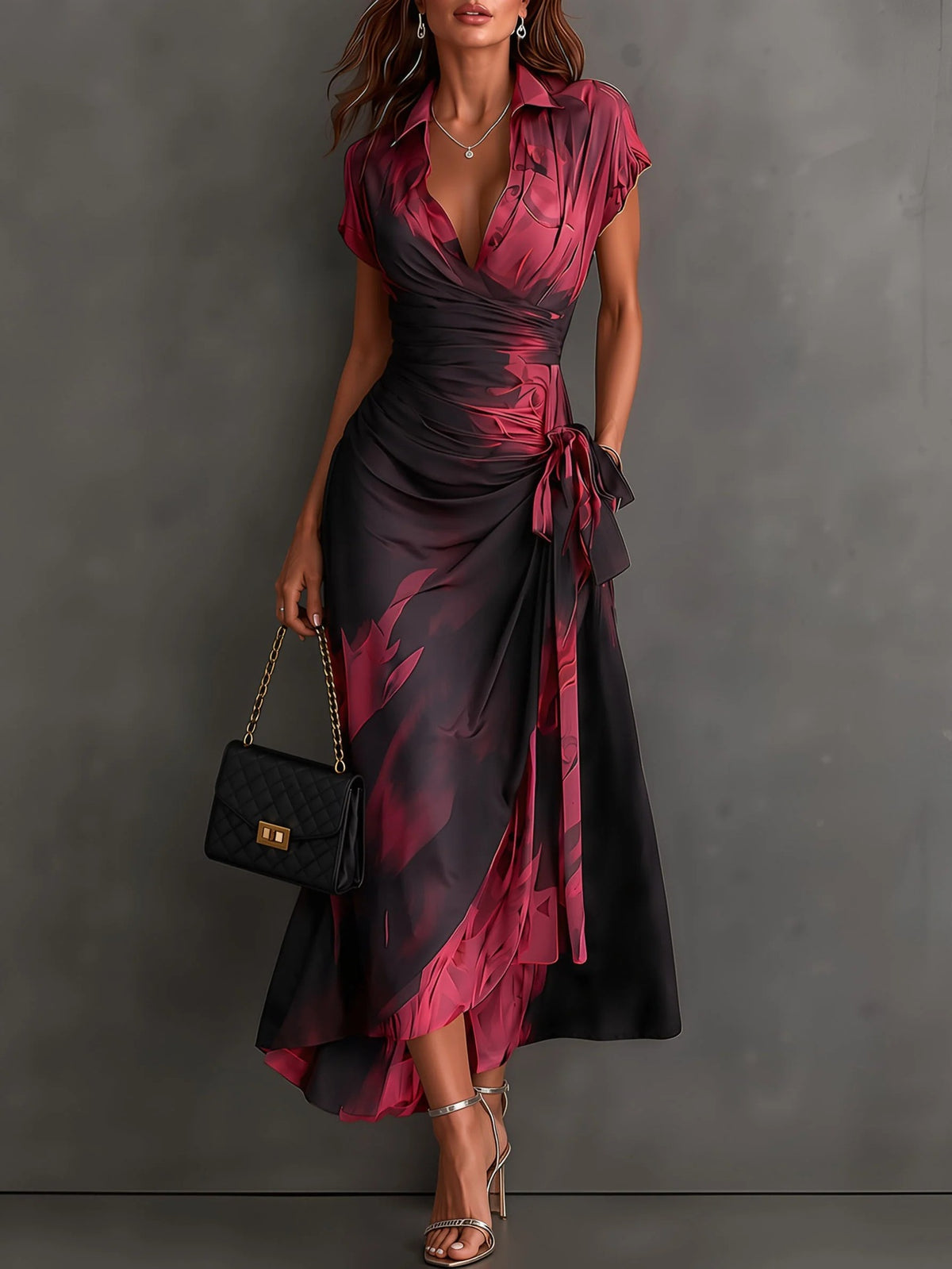 Womens Ink Print Wrap Dress with Collar Short Sleeves High Waist Tie Side Slit