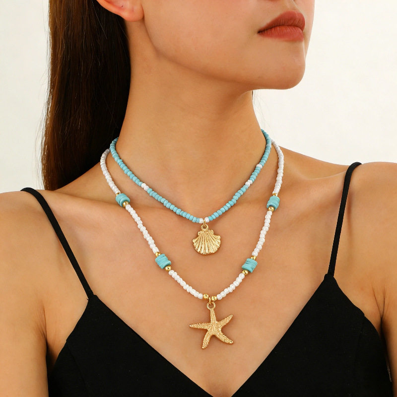 Layered Shell Pearl Starfish Pendant Bohemian Necklace