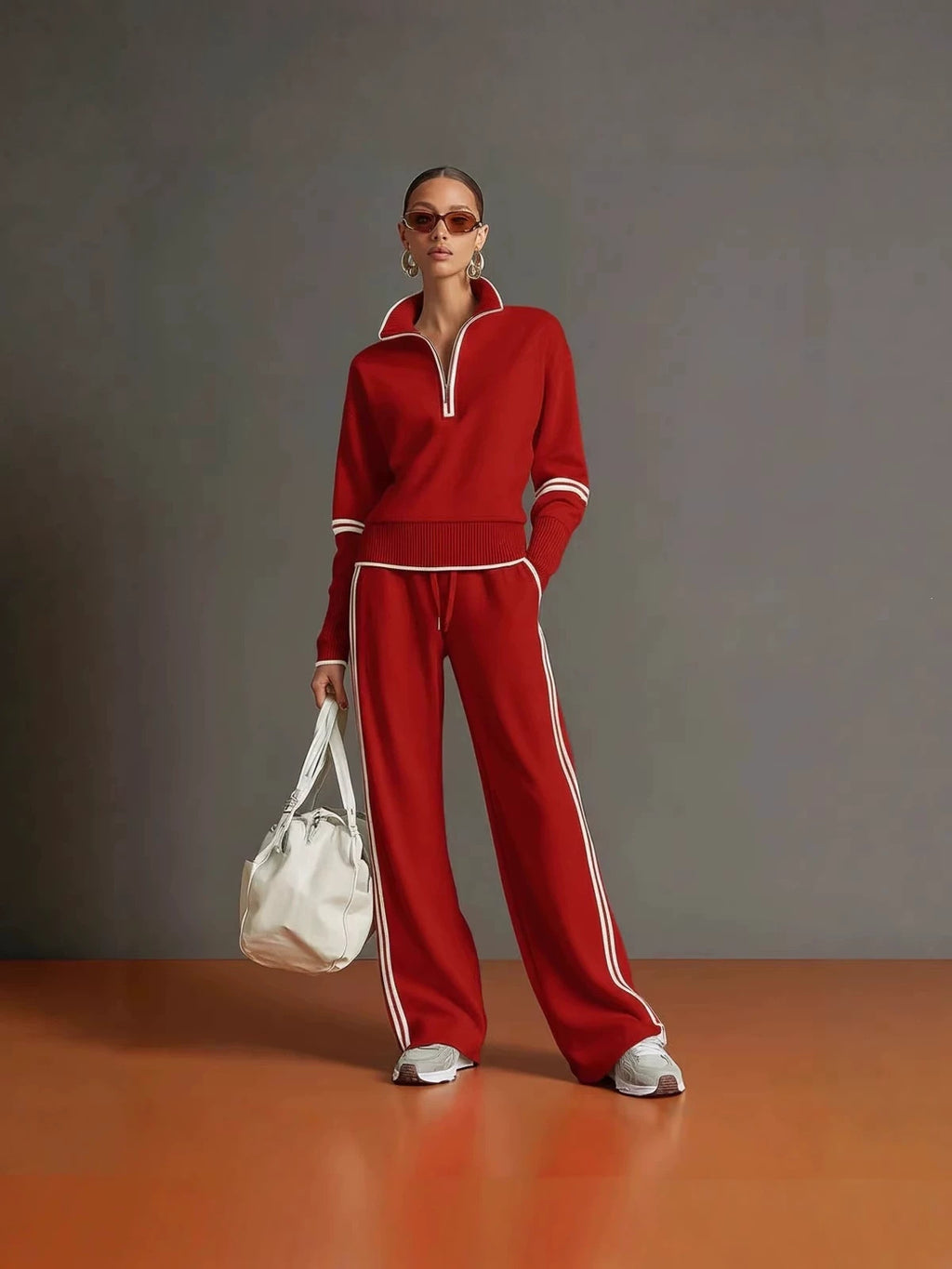 Women's Half Zip Knit Set with Wide Leg Pants