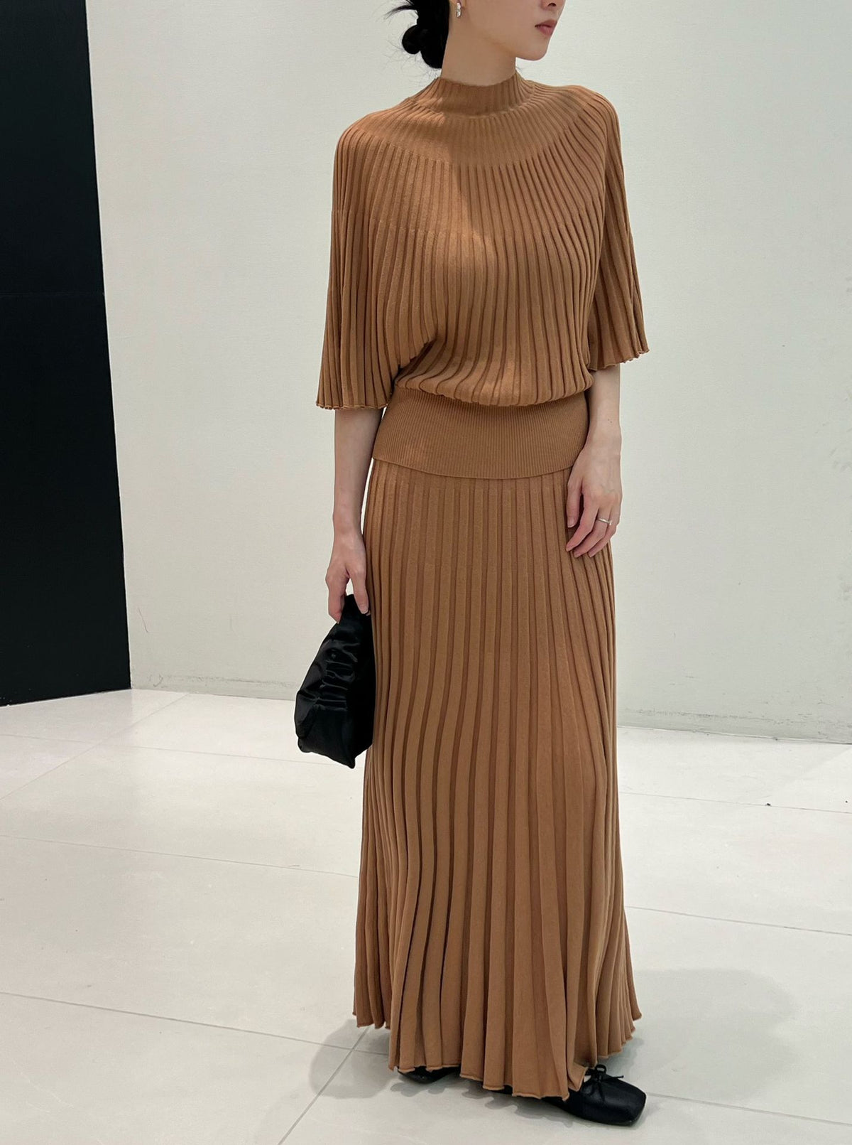 Ribbed Lined High Waist Wool Blend Skirt