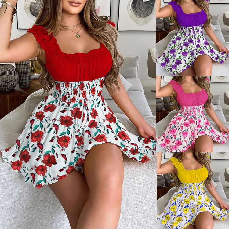 Floral Contrast Waist Slimming Dress