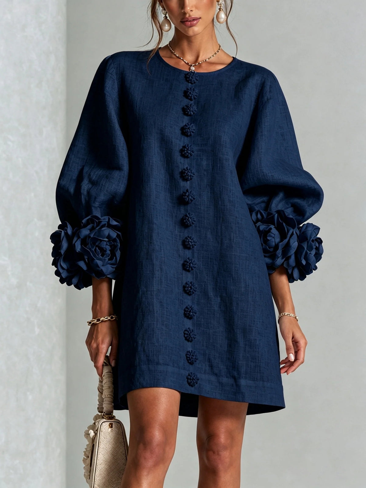 French Floral Cotton Linen A-Line Dress