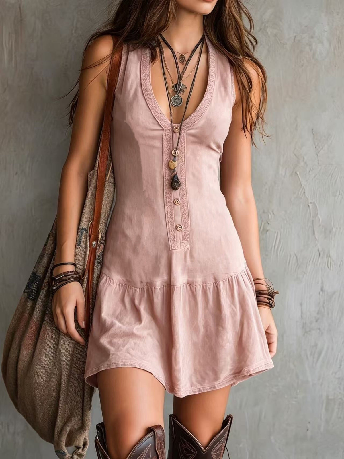 Sleeveless U-Neck Button Dress