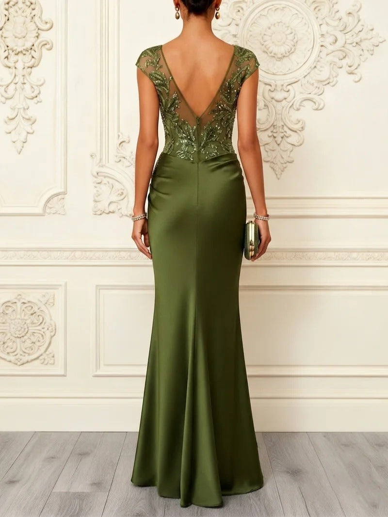 Net fabric embroidered floral deep V backless cocktail dress