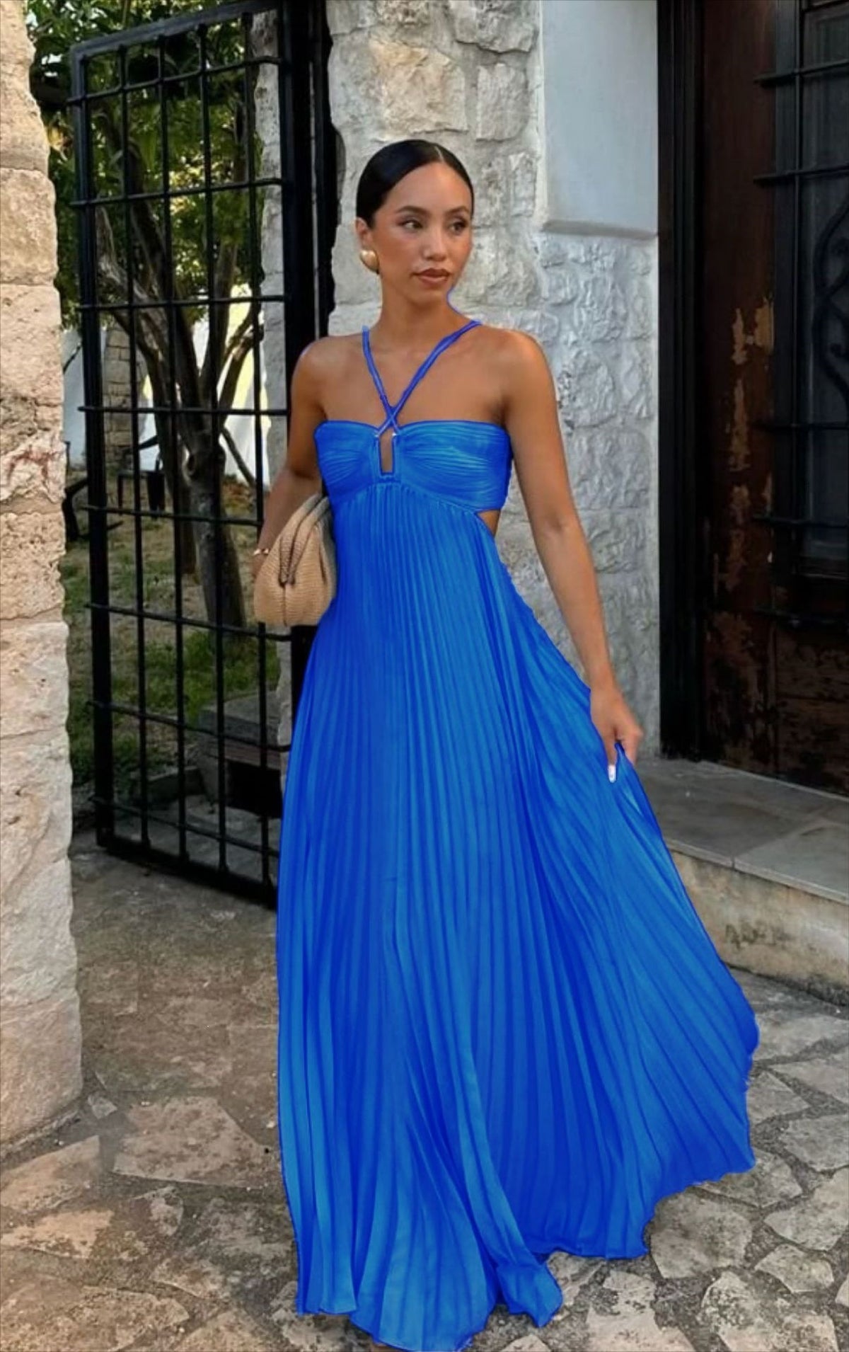 Solid Color Pleated Sleeveless Strap Dress