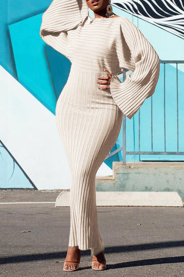 Women's Ribbed Knit Long Sleeve Bell Sleeve Bodycon Dress