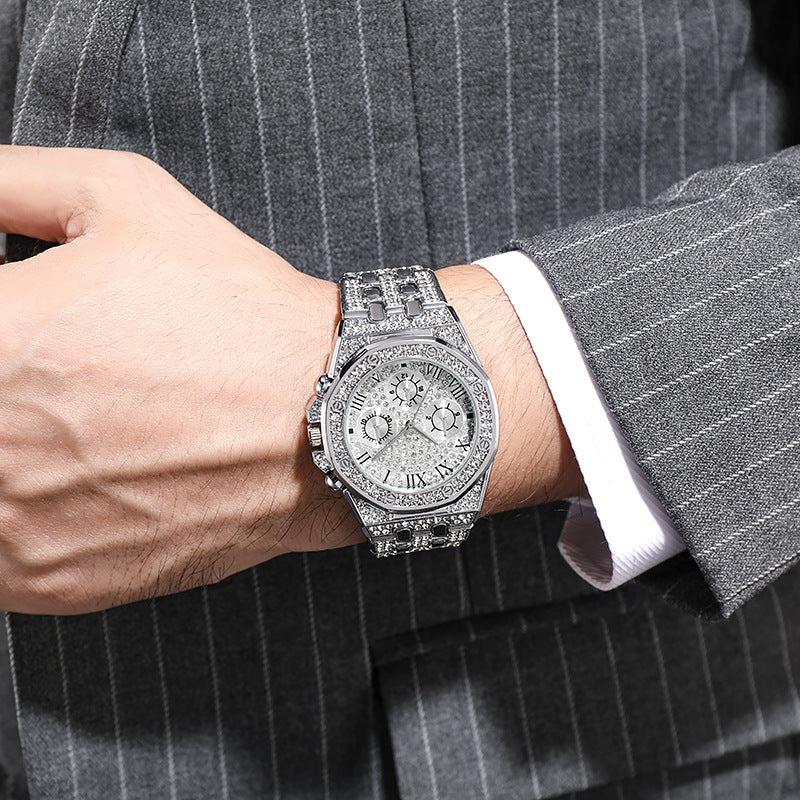 Men's Fashion Quartz Watch with Rhinestone Dial and Steel Band
