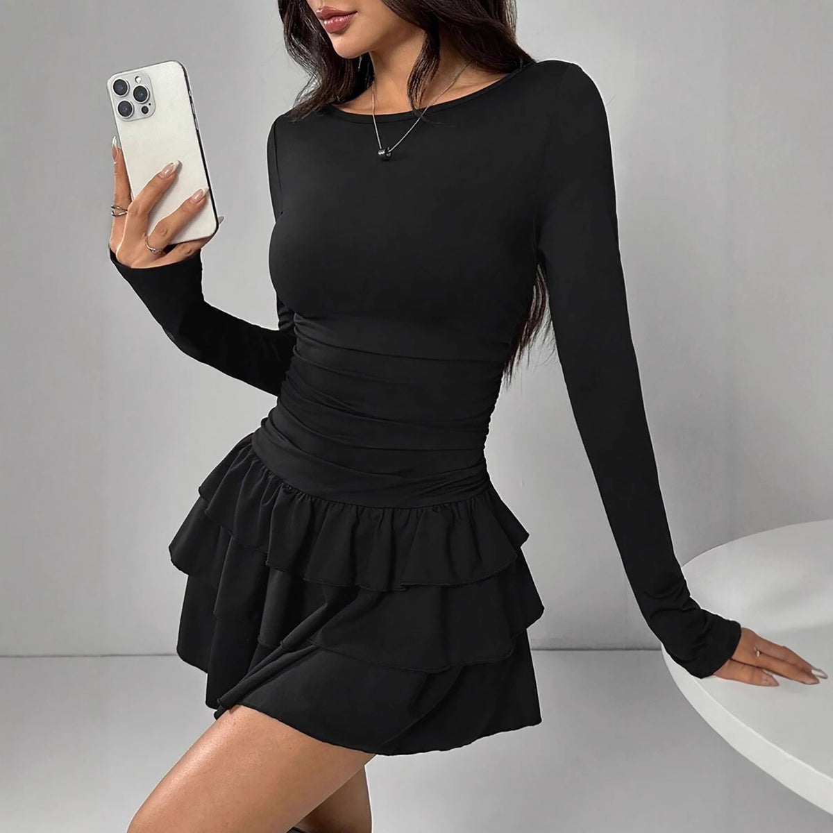 Womens Solid Color Long Sleeve Dress