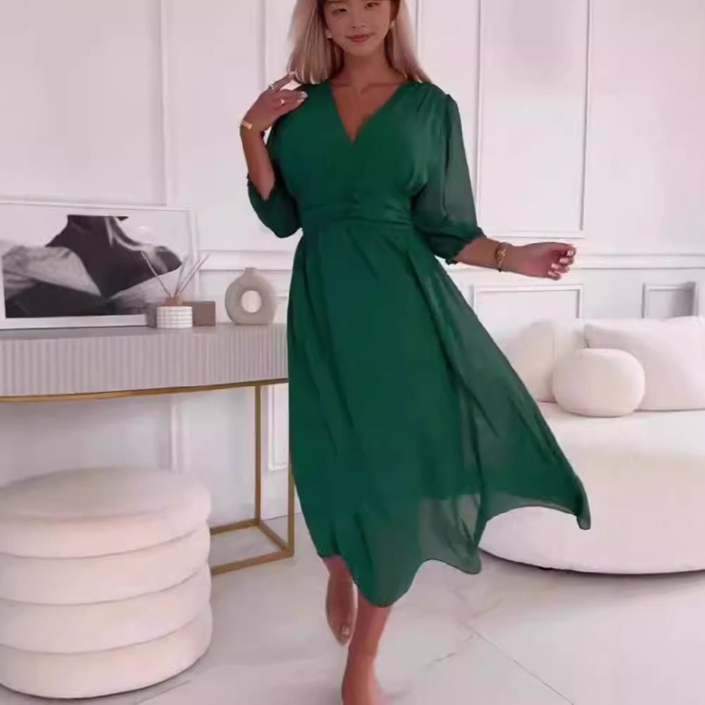 Women's Slim-Fit Flared Sleeve V-Neck Chiffon Mid-Length Dress