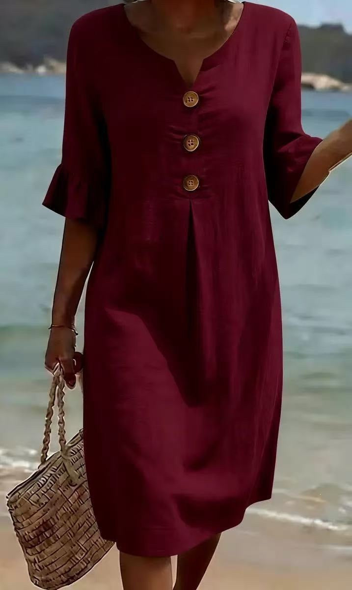 Womens V-Neck Linen Blend Dress