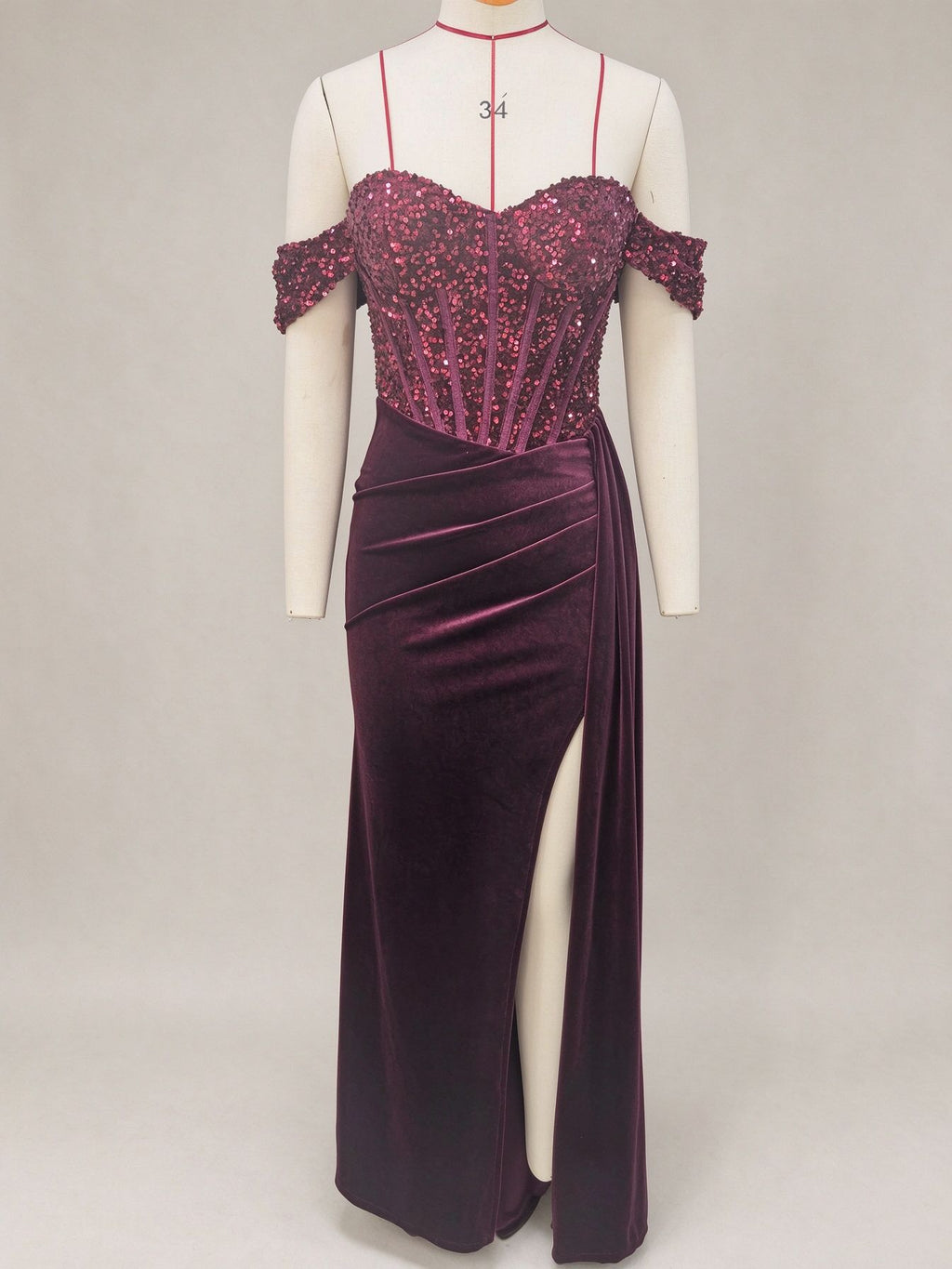 Off Shoulder Sequin Pleated Satin Evening Dress With Slit