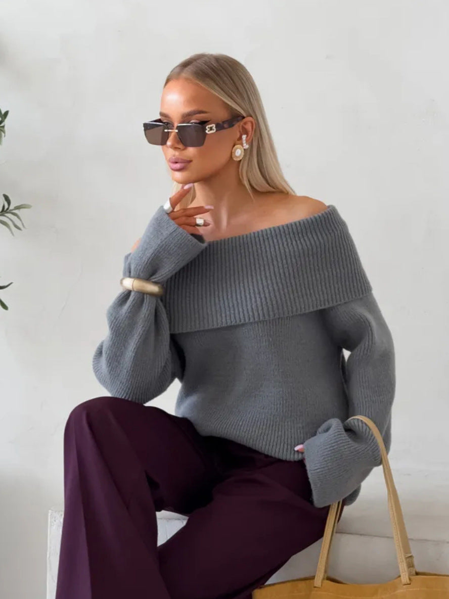 Autumn Winter Solid Color Sexy Slim-Fit Off-Shoulder Sweater with Lapel Collar