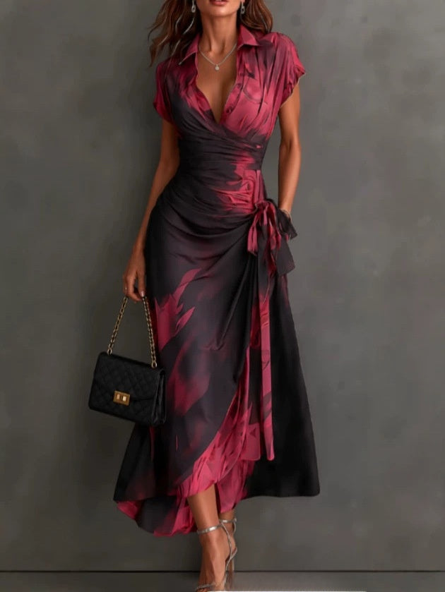 Elegant printed short-sleeved lace-up dress
