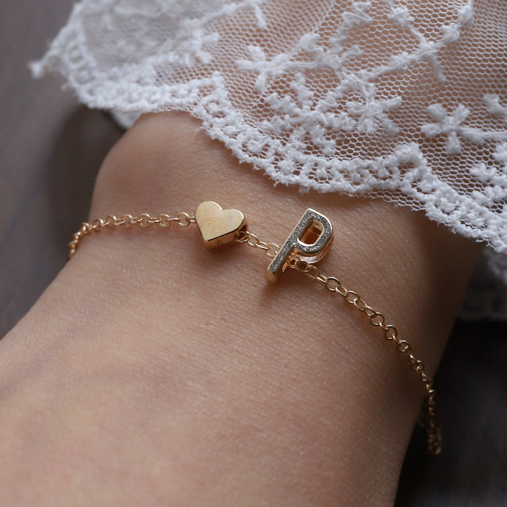 Heart Letter Necklace and Bracelet Set