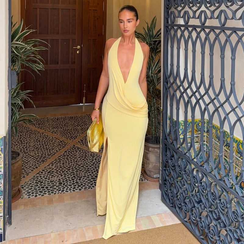 Halter Neck Deep V Backless Slit Dress