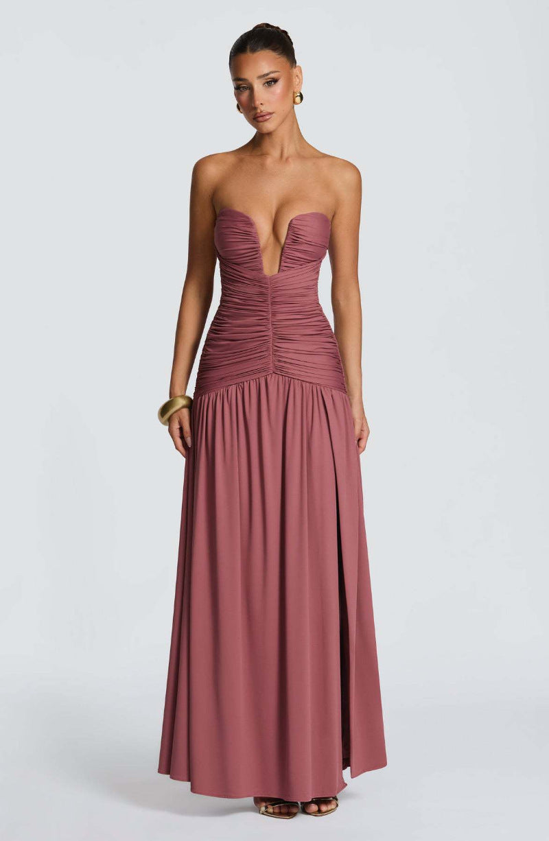 Solid Color Strapless High Slit Ruched Slim Fit Dress
