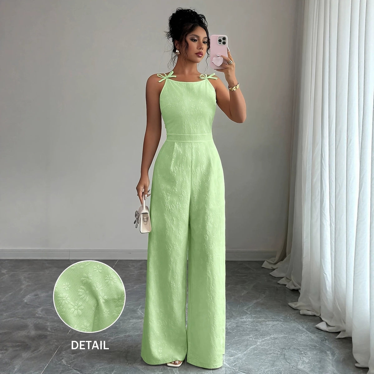 2026 Summer New European and American Cross-Border Jacquard Strap Fashion Casual Jumpsuit for Women with Bow Tie Waist and Wide-Leg Pants