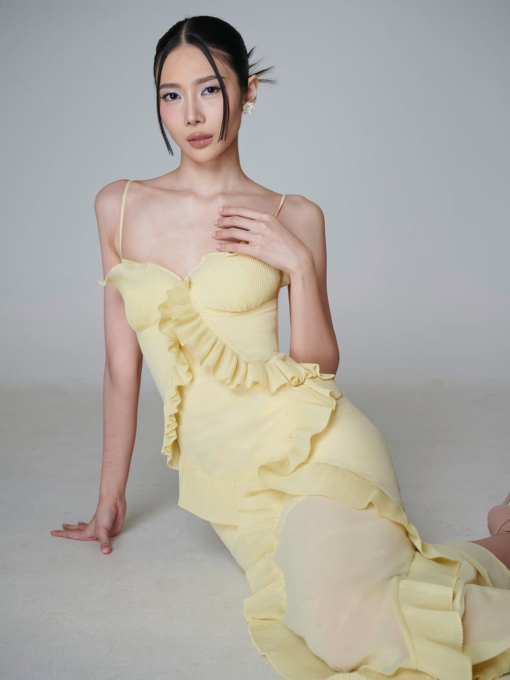 Yellow Spaghetti Strap Dress Slim Fit Irregular Long Dress