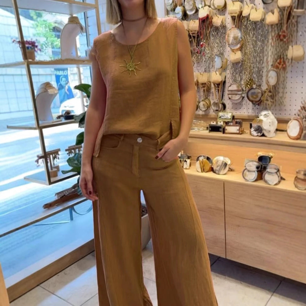 Women's Summer Cotton Linen Solid Color Sleeveless Two-Piece Pantsuit Set