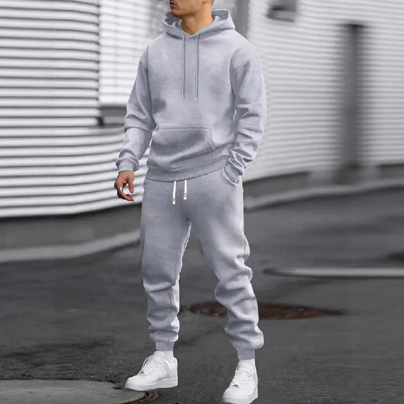 Mens Solid Color Hooded Sweatshirt and Pants Set
