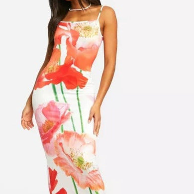 Floral Print Suspender Slit Dress