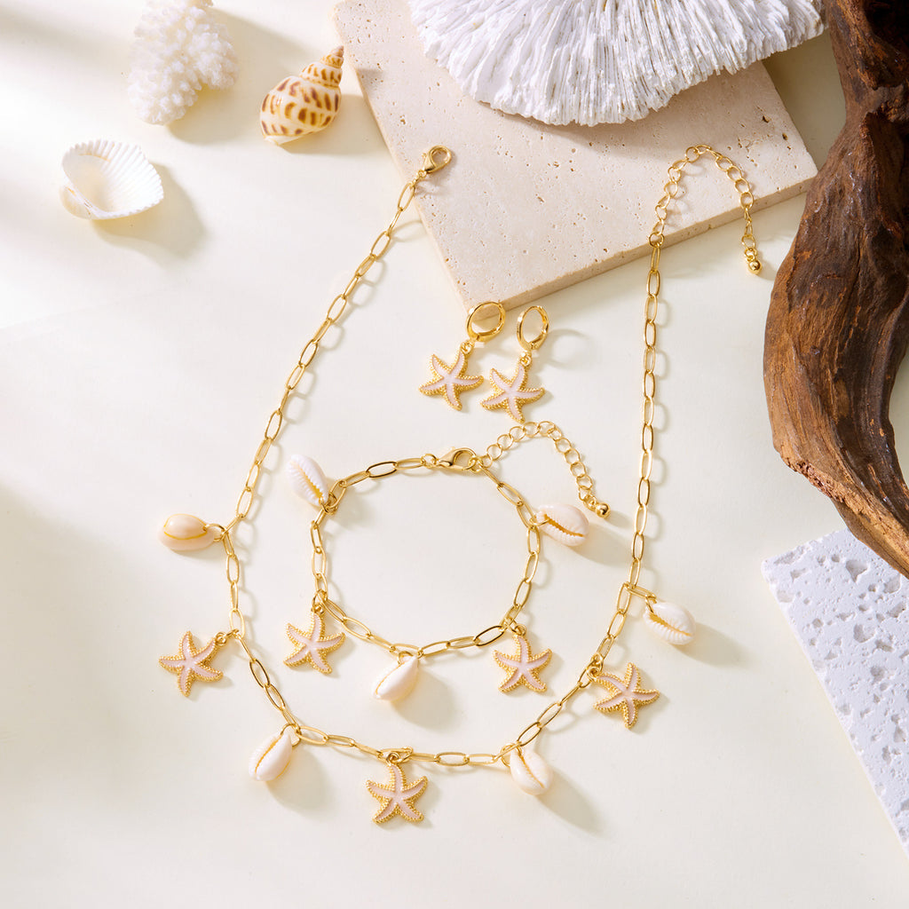 Adjustable Pearl Bracelet and Necklace Set with Coastal Charms