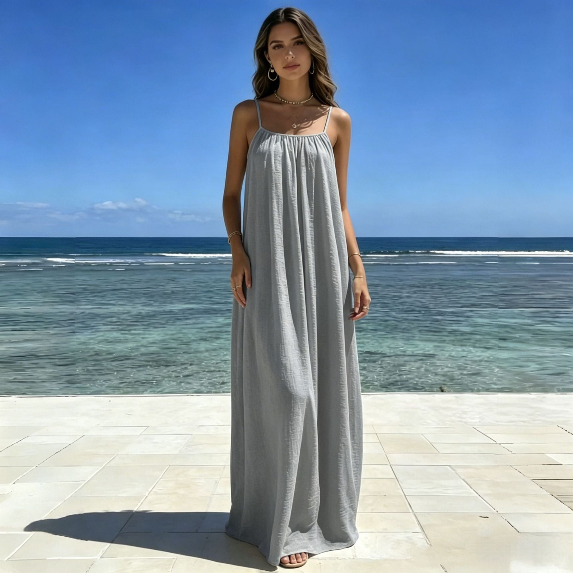 Womens Loose Fit Sleeveless Tie Neck Long Dress