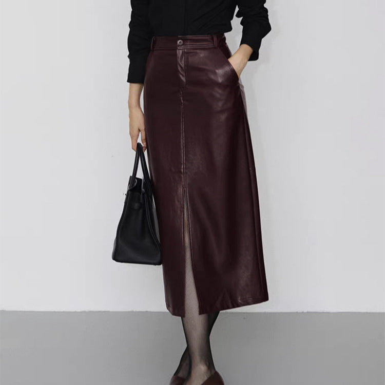 Genuine Leather A-Line Skirt with Front Slit