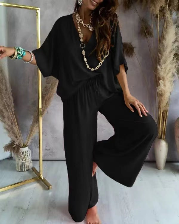 Womens V-Neck Bat Sleeve Wide Leg Pants Set