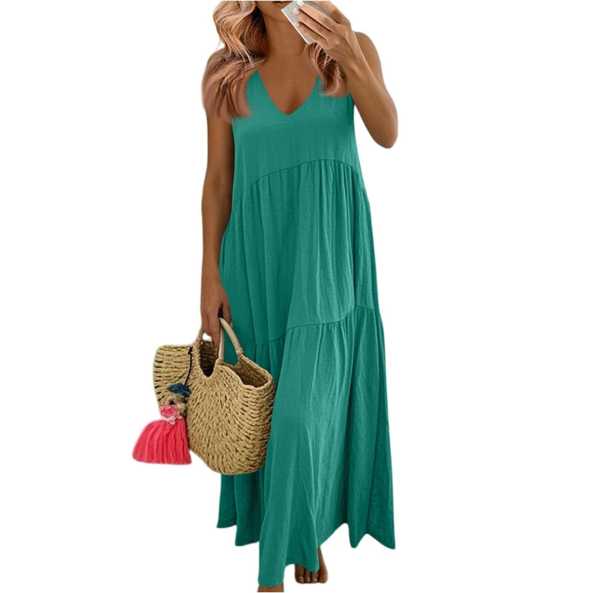 Women's Cotton V-Neck Sleeveless Bohemian Layered Maxi Dress