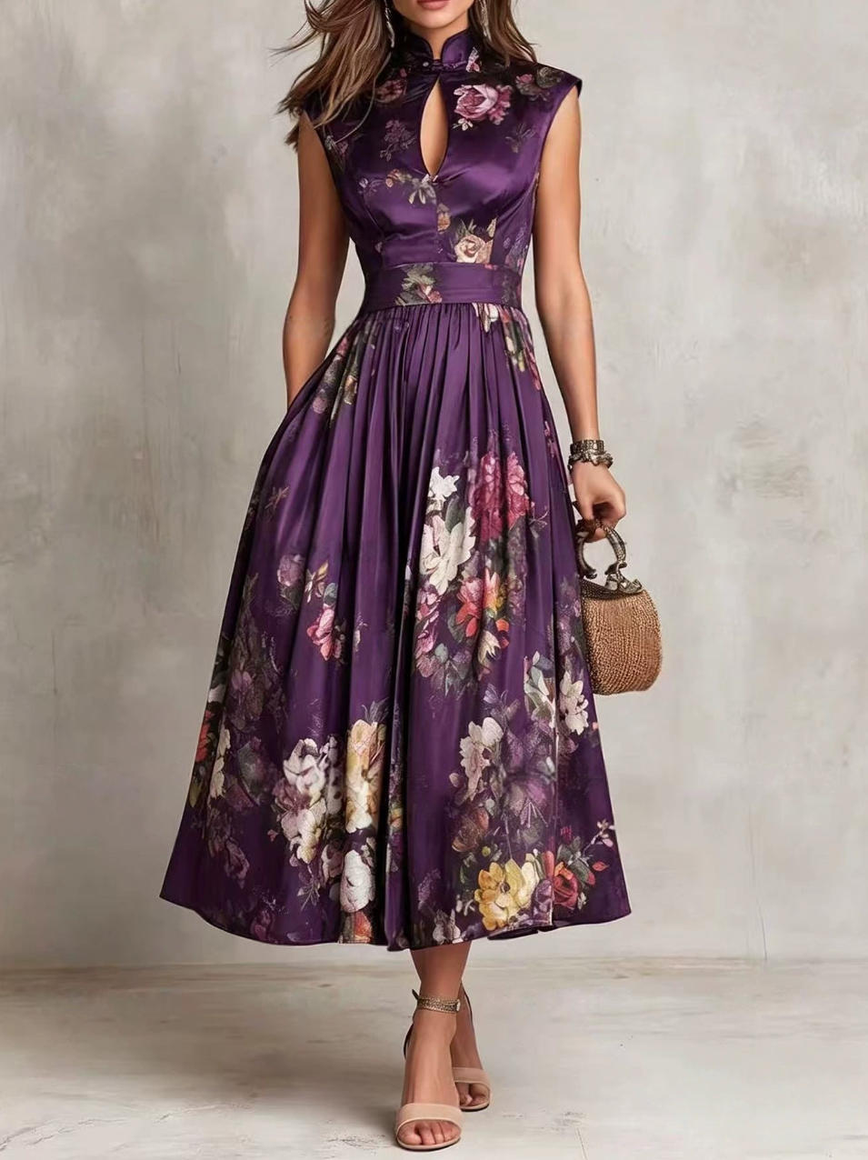 Women Sleeveless Floral Print Slim Fit Long Dress